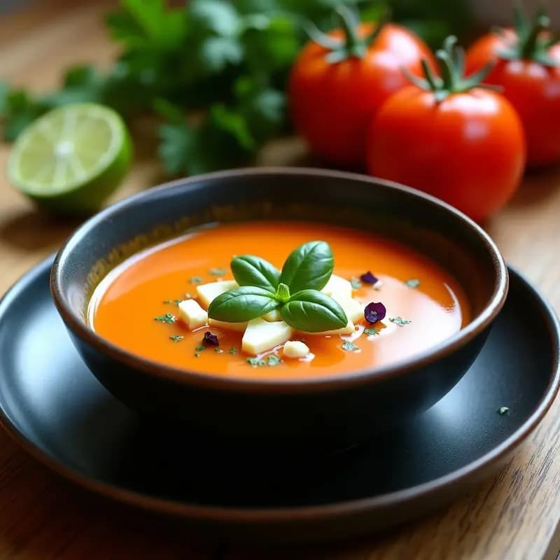 Cuenco rústico de cerámica negra con sopa de tomate de árbol de color naranja vibrante, decorada con trozos de queso de cabra blanco y hojas de albahaca morada. Al fondo, ingredientes frescos como limón verde y cilantro.