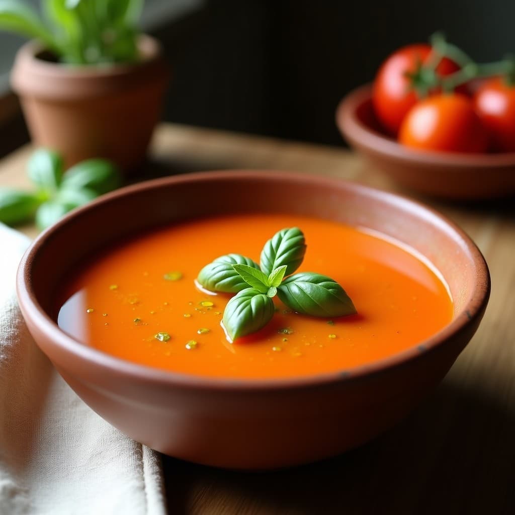 Plato hondo de barro con sopa de tomate de árbol colombiana, de color anaranjado intenso, decorada con hojas verdes de albahaca fresca y un hilo dorado de aceite de oliva virgen extra. Fondo rústico con texturas de madera y luz natural.