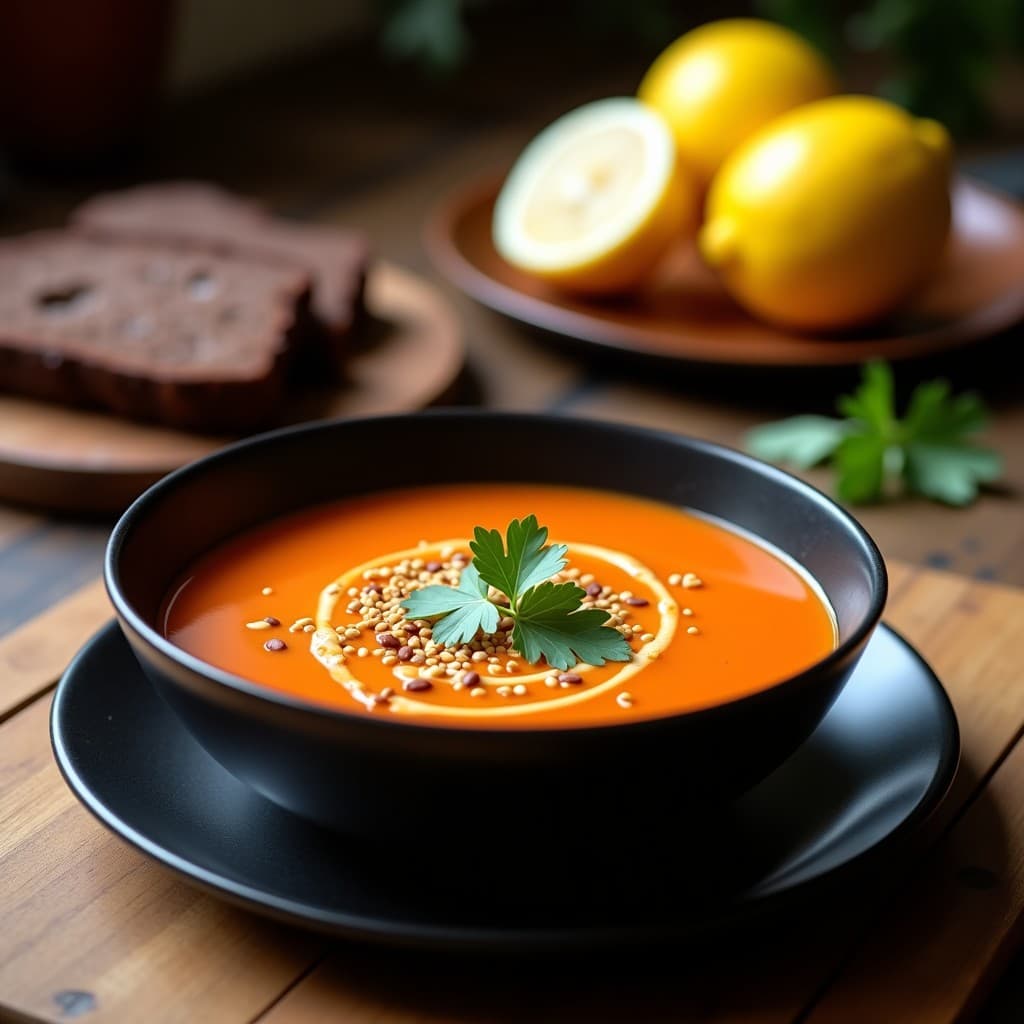 Cuenco hondo de cerámica negra con sopa cremosa de tomate de árbol y ciruela Kakadu, decorada con semillas de sésamo tostadas, hojas de cilantro fresco y un hilo de aceite de oliva. Fondo rústico con pan de centeno y limones cortados por la mitad.