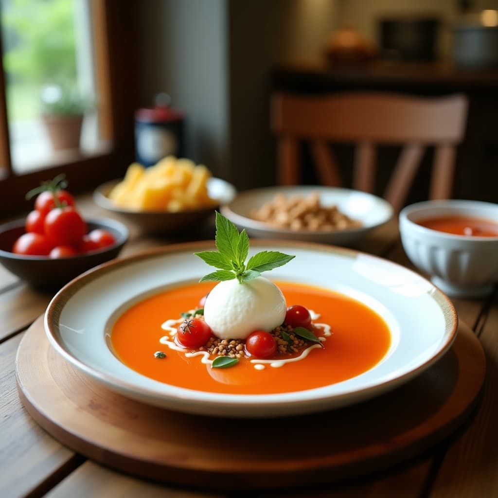Cuenco blanco con sopa de tomate de árbol y jengibre de color naranja intenso, servida fría con una bola de helado de yogur de coco en el centro. Decorada con hojas de cilantro y menta fresca, sobre una mesa de madera rústica con fondo de luz natural.