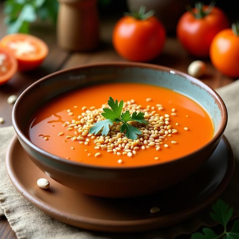 Plato hondo de cerámica blanca con sopa cremosa de tomate de árbol (tamarillo) de color anaranjado intenso, decorada con crujiente de semillas de ajonjolí y amapola tostadas, hojas de cilantro fresco y un hilo de aceite de oliva. Fondo rústico con elementos de madera y telas naturales, resaltando la receta ecuatoriana sin lácteos.