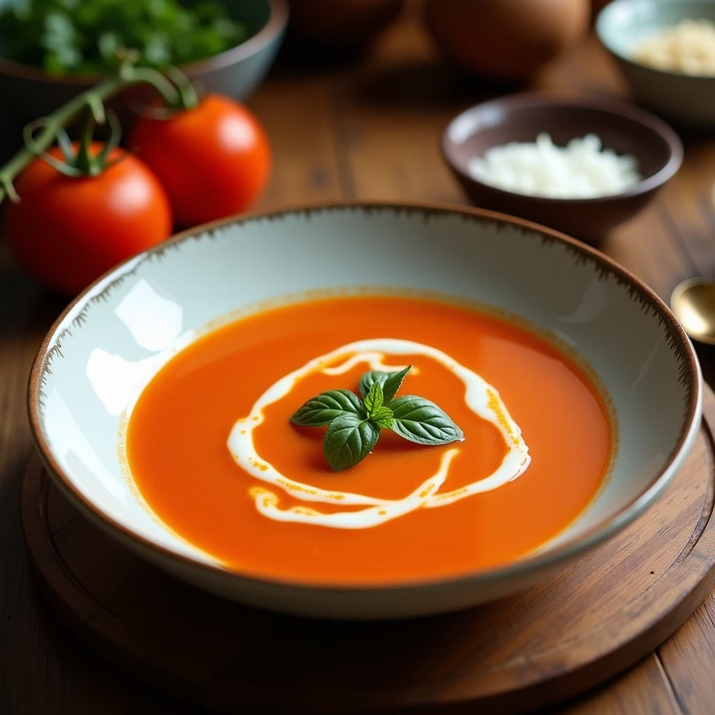 Cuenco blanco hondo con sopa de tomate de árbol y leche de coco, de color naranja cremoso, decorada con hojas de albahaca fresca y un hilo de leche de coco. Fondo con textura de madera rústica y una cuchara de madera al lado.