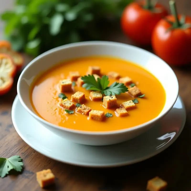 Plato hondo de cerámica blanca con sopa de tomate de árbol y pimiento amarillo, decorada con crutones dorados de quinoa y hojas de cilantro fresco. Fondo rústico con textura de madera y luz natural suave.