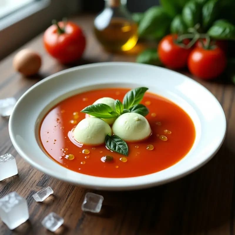 Cuenco de cerámica blanca con sopa de tomato gazpacho frío de color rojo intenso, coronado con cubos de helado de albahaca verde pálido y hojas frescas de albahaca. Al lado, hielo picado y un hilo de aceite de oliva virgen extra. Fondo de madera rústica con luz natural.