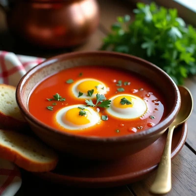 Plato hondo de barro con sopa de tomate espesa y dorada, coronada con dos huevos escalfados de yema líquida, rebanadas de pan tostado y perejil fresco picado. Receta tradicional andaluza en sartén.