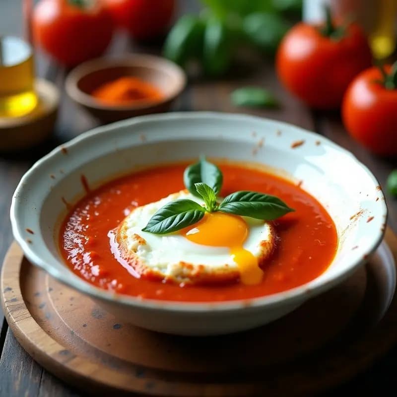 Cuenco hondo de cerámica blanca con sopa de tomate portuguesa de color rojo intenso, coronada con un huevo pochado de yema líquida y hojas de albahaca fresca. Fondo rústico con pan sin gluten y un hilo de aceite de oliva virgen extra.