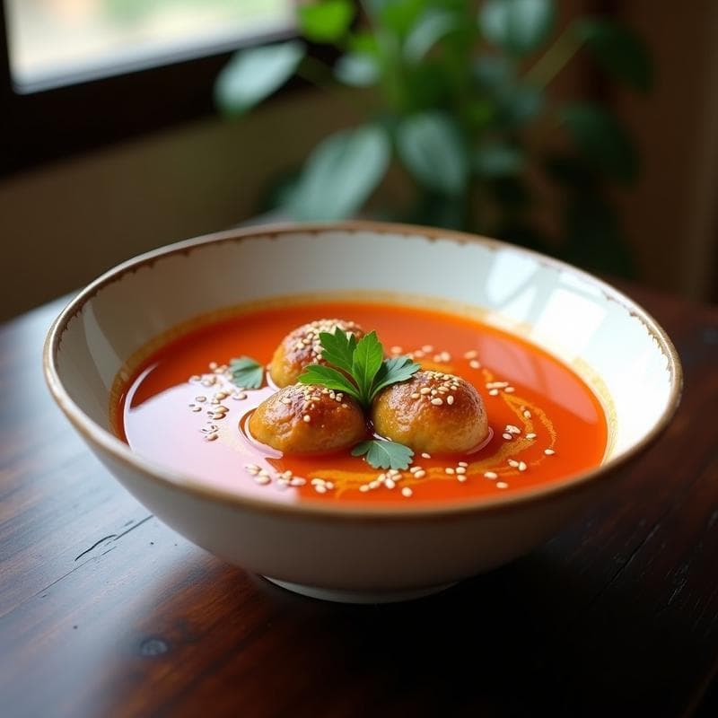 Sopa de Tomate y Jengibre con Albóndigas de Tofu y Cilantro: Receta en Olla Exprés Vegana