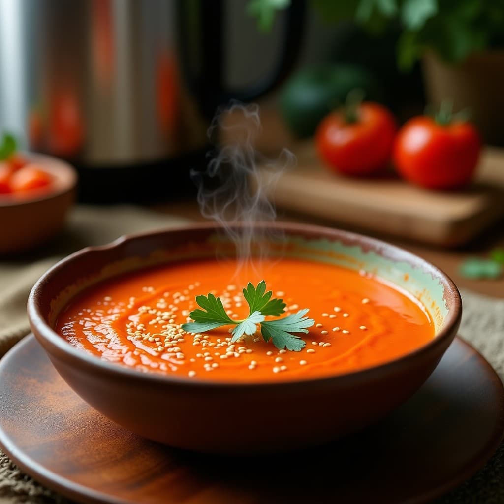 Plato hondo de barro con sopa de tomate karkadé y jengibre sudanesa, de color rojo intenso, decorada con semillas de sésamo tostadas y hojas de cilantro fresco. Al fondo, una olla exprés y tomates asados. Receta antigripal tradicional.