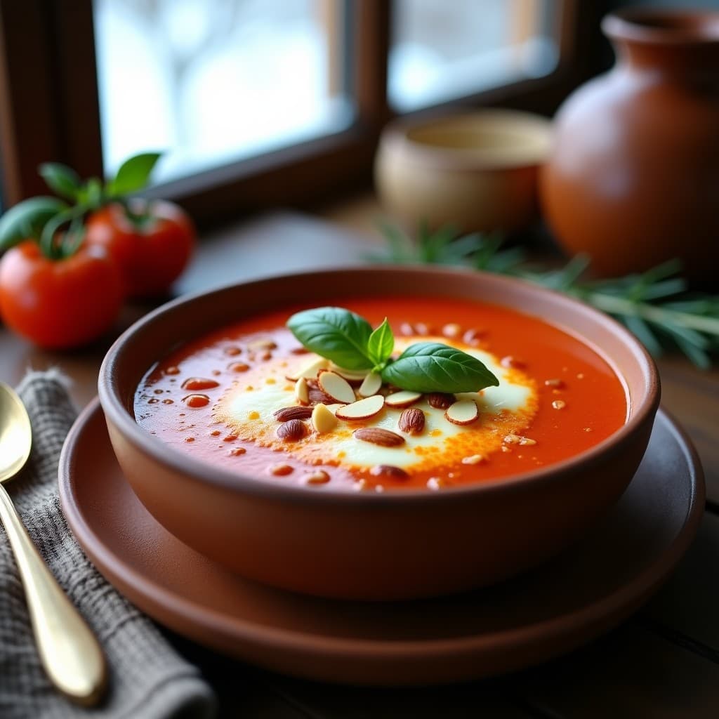 Cuenco de sopa de tomate keto cremosa con queso mozzarella derretido y dorado en la superficie, decorado con hojas de albahaca fresca y servido en un plato rústico, ideal para invierno.
