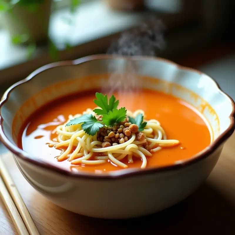 Cuenco hondo de cerámica blanca con sopa de tomate Khao Soi de color naranja intenso, fideos de arroz finos, espolvoreados con cacahuetes picados y hojas de cilantro fresco. Plato tailandés picante servido en Thermomix.