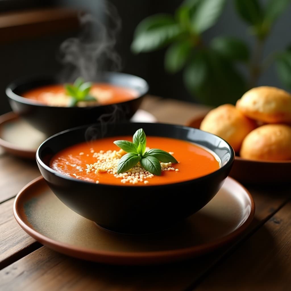 Plato hondo de cerámica negra con sopa cremosa de tomate y manjericão, decorada con hojas frescas de albahaca brasileña y acompañada de pão de queijo keto dorado. Receta brasileña keto en olla express.