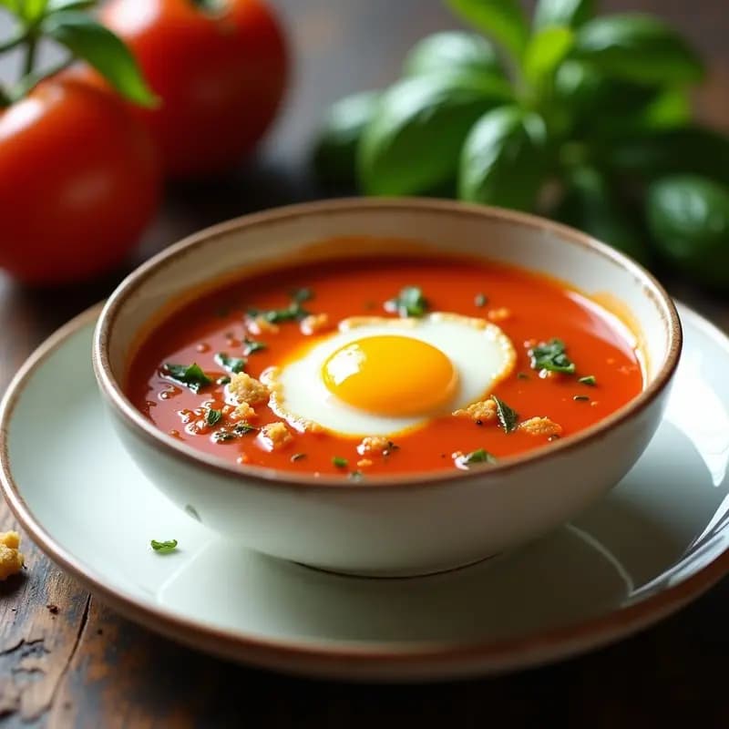 Plato hondo de cerámica blanca con sopa de tomate portuguesa de color rojo intenso, coronada por un huevo escalfado con yema líquida, pan tostado picado y un hilo de aceite de oliva virgen extra. Fondos borrosos de hierbas frescas y luz natural.