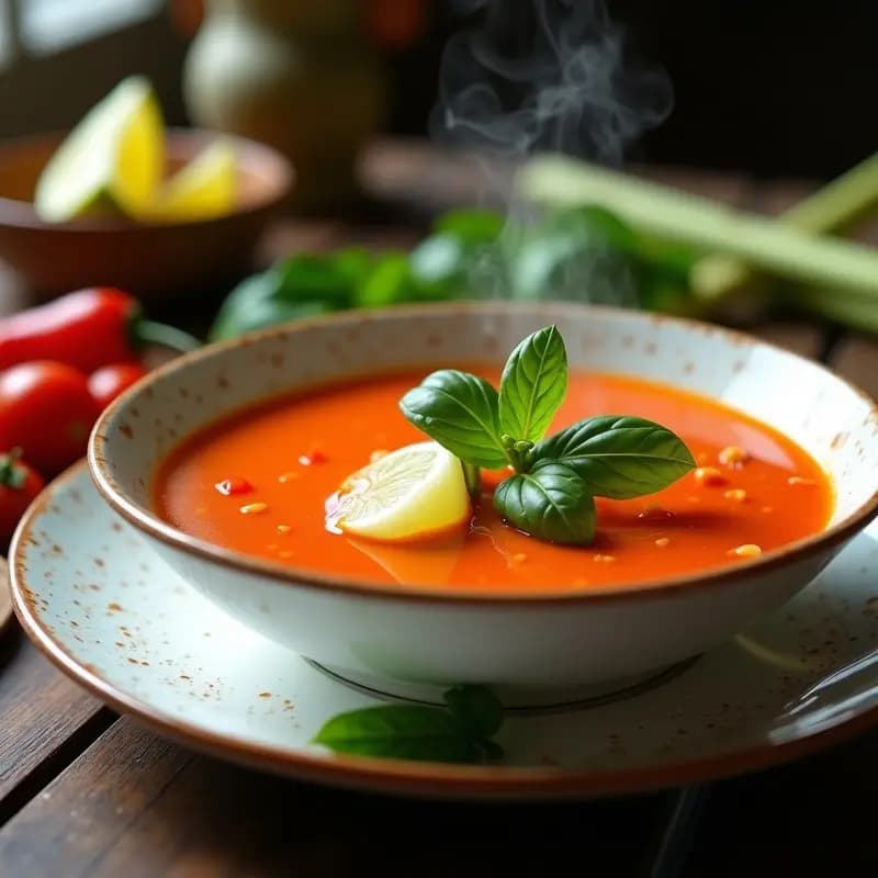 Cuenco hondo de cerámica negra con sopa de tomate tailandesa cremosa, color rojo intenso, decorada con hojas de albahaca tailandesa fresca, cacahuetes picados y rodajas de lima. Fondo con textura de madera y hierbas esparcidas.