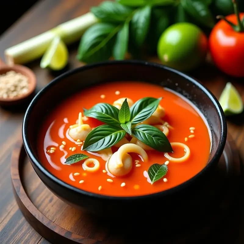 Cuenco hondo de cerámica negra con sopa de tomate tailandesa de color rojo intenso, trozos de león de mar gelatinoso, hojas de lima kaffir y decoración de albahaca tailandesa y semillas de sésamo tostadas. Fondo con rodajas de lima y tallos de lemongrass.