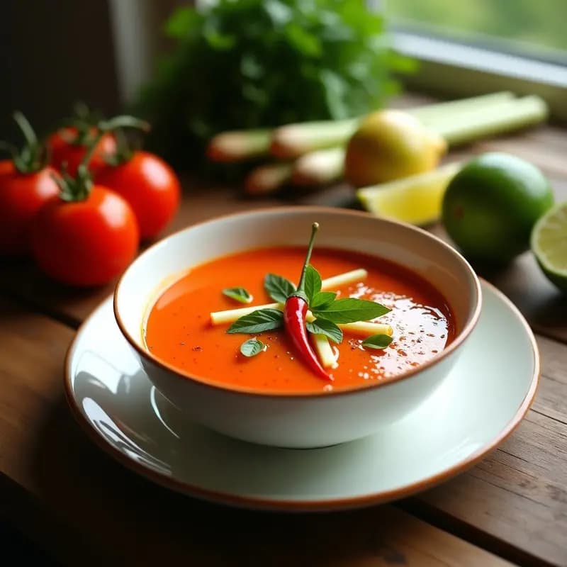 Cuenco de cerámica blanca con sopa de tomate tailandesa humeante, de color rojo intenso, decorada con rodajas de limoncillo, hojas de albahaca tailandesa y un chile rojo entero. Fondo de mesa de madera rústica con tallos de limoncillo y tomates frescos de pera a los lados.