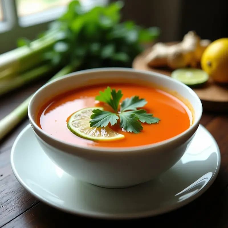 Cuenco de cerámica blanca con sopa de tomate Thai humeante, decorada con hojas de cilantro fresco y semillas de cilantro tostadas. Al fondo, tallos de limongrass y rodajas de lima sobre una mesa de madera rústica.