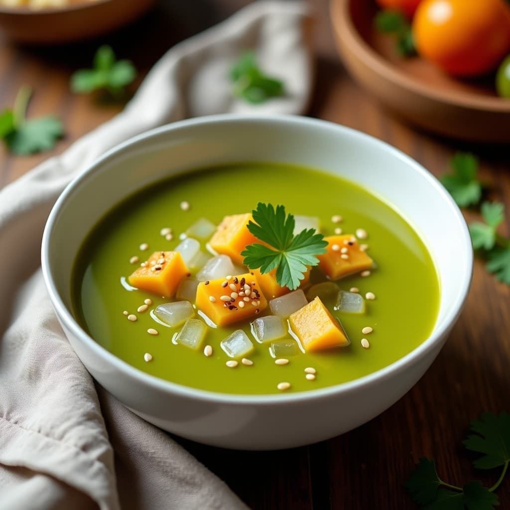 Sopa fría peruana de tomate verde y cilantro con ají amarillo servida en un bol blanco sobre fondo rústico, decorada con cubos de papa amarilla, semillas de sésamo y hielo picado.