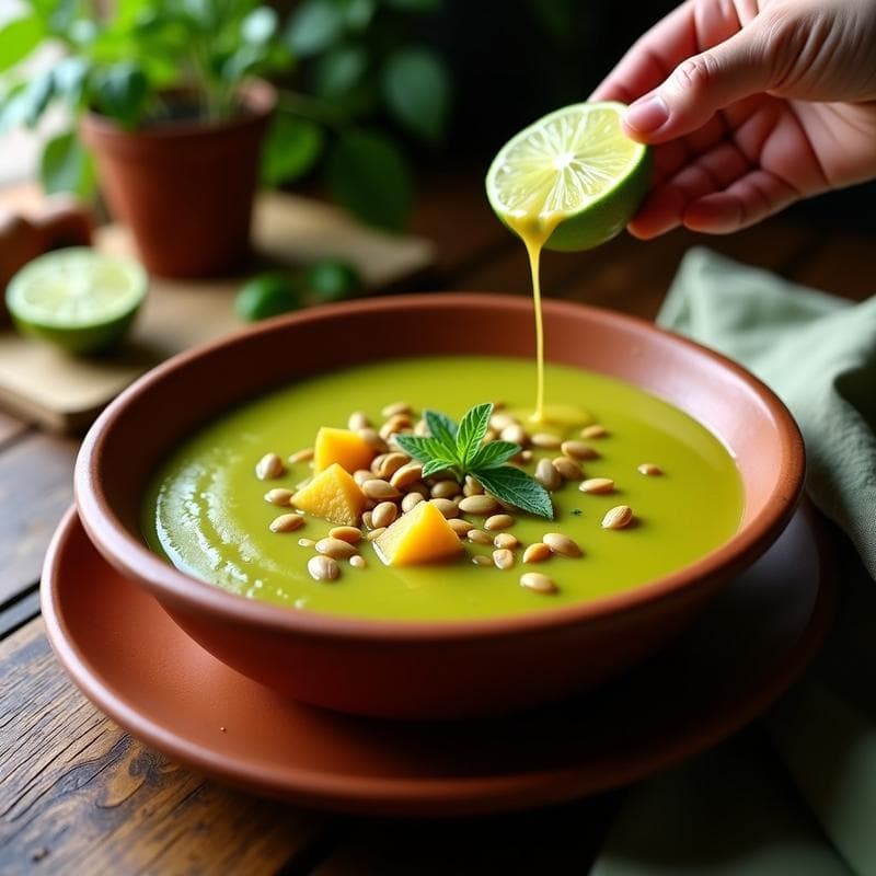 Sopa de tomate verde peruana depurativa en bowl de barro, decorada con pepitas de calabaza tostadas y hojas de huacatay, servida con rodaja de limón y fondo rústico de cocina.