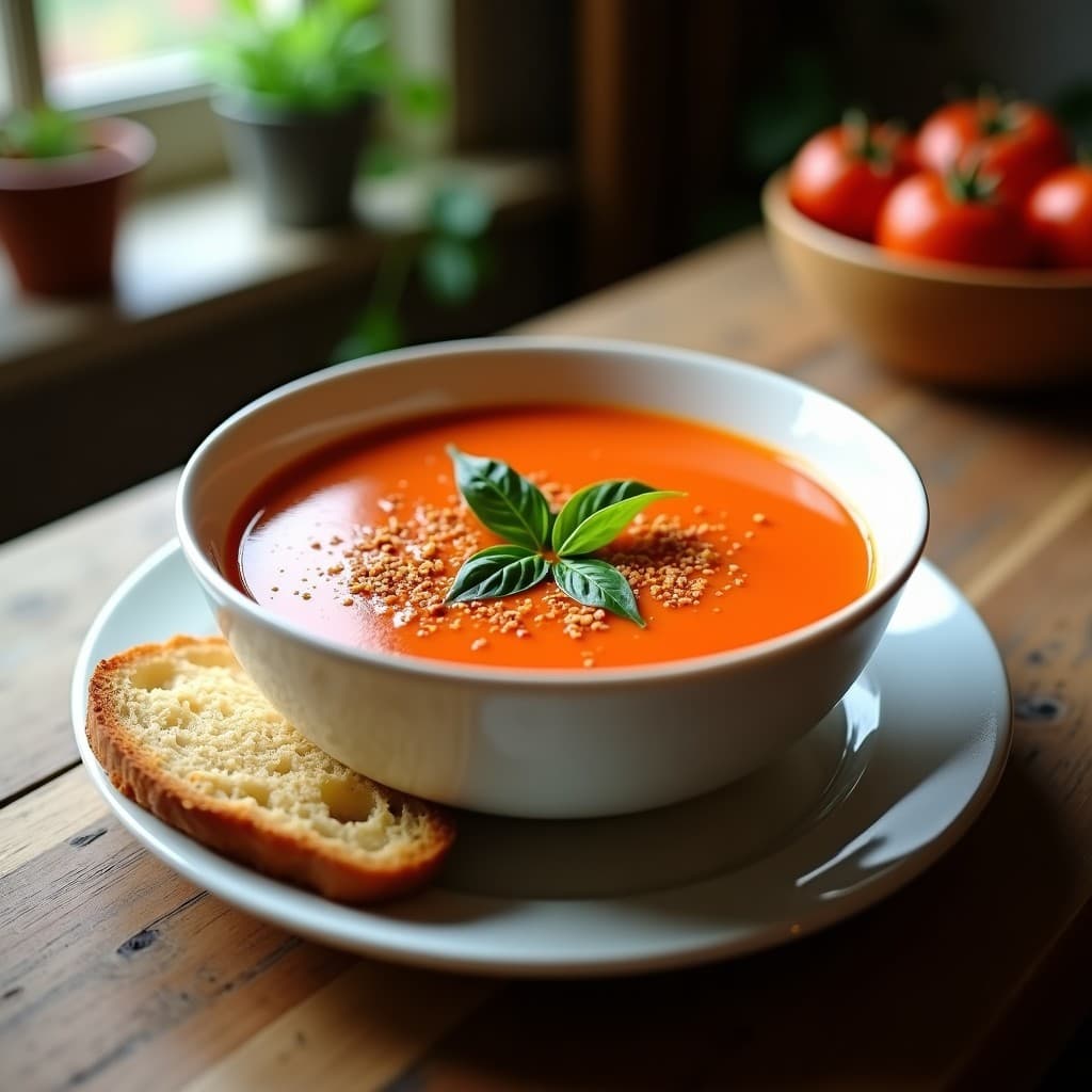 Cuenco blanco con sopa de tomate cremosa, espolvoreada con zaatar y hojas de albahaca fresca, servida sobre mesa de madera rústica con pan integral tostado al lado.