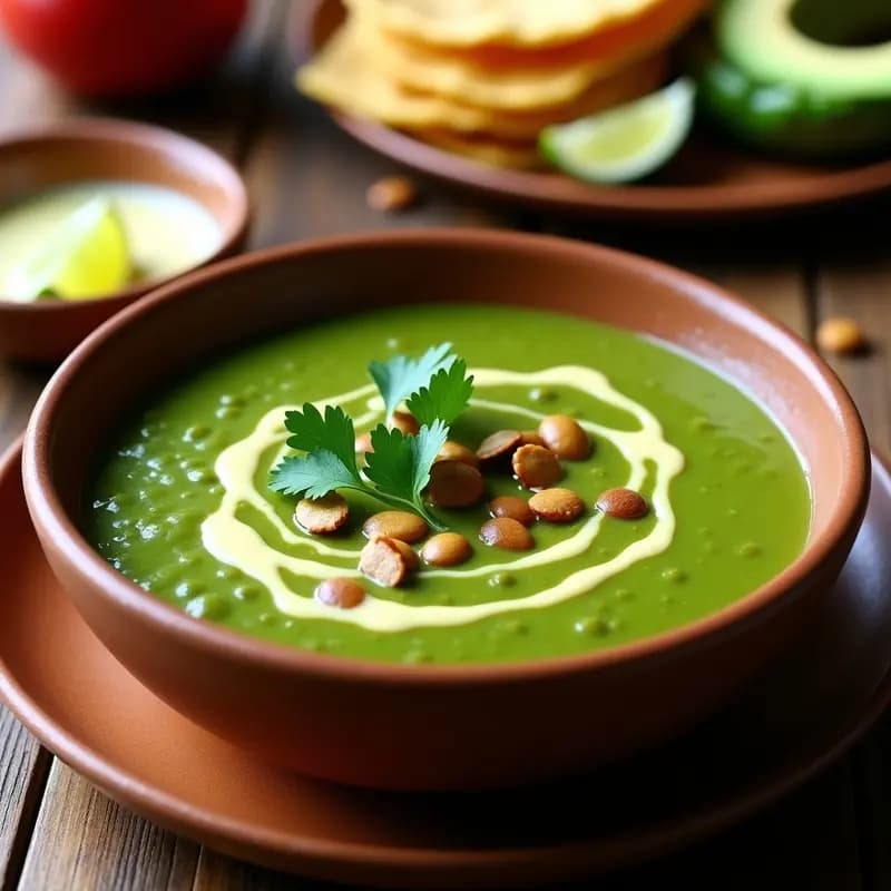 Plato hondo de barro con sopa de tomates verdes y chile poblano, coronada con crema de aguacate verde, semillas de calabaza tostadas y cilantro fresco. Fondo rústico con tortillas de maíz y lima en rodajas.