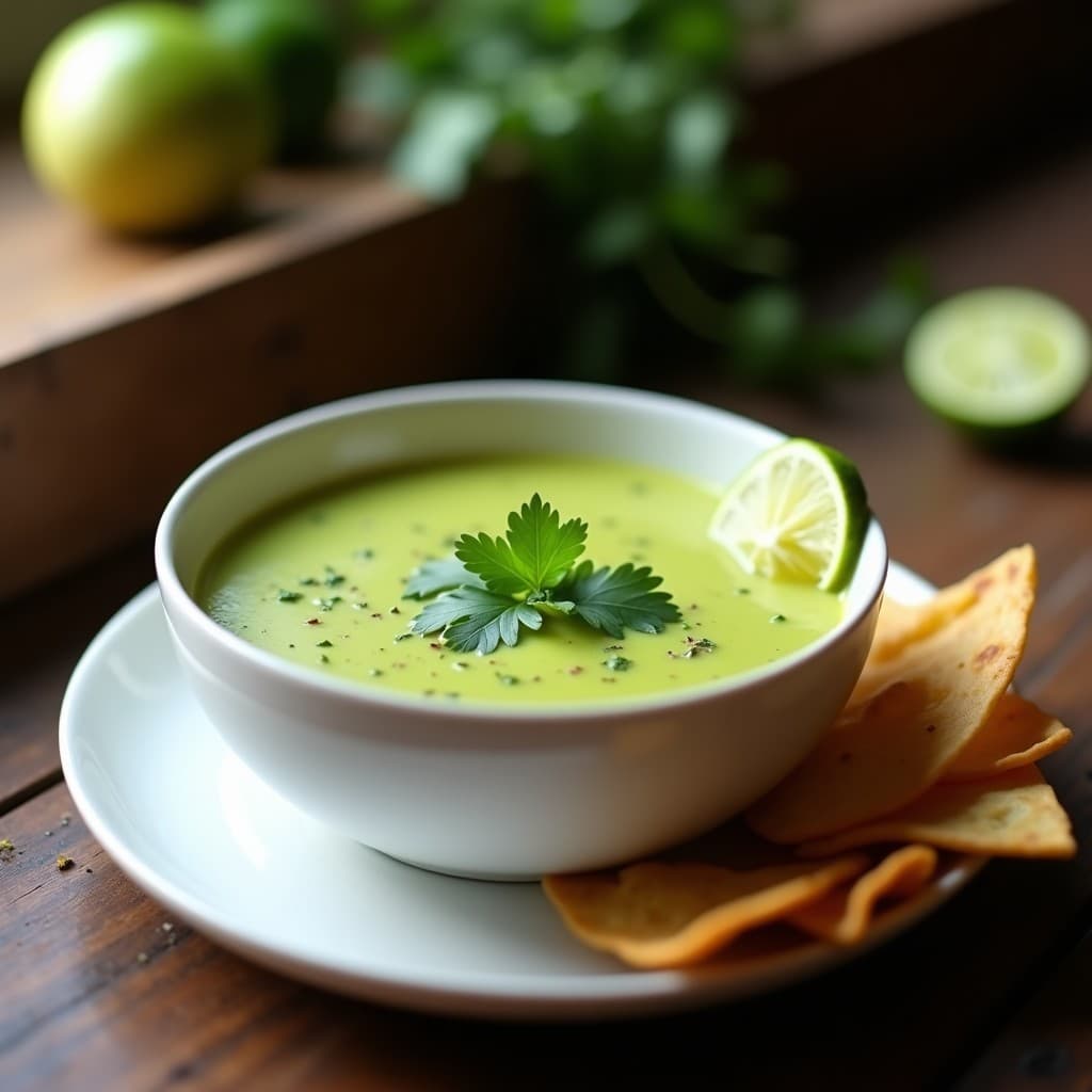 Plato hondo de cerámica blanca con sopa de tomatillo y chile poblano vegana, decorada con cilantro fresco y rodajas de limón. La sopa tiene un color verde claro con vetas cremosas de leche de coco, y se acompañan de tortillas de maíz tostadas al lado.