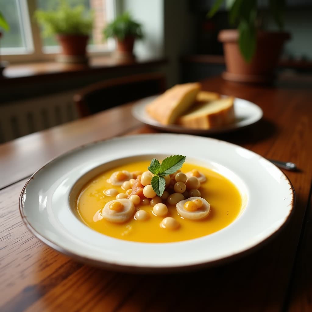 Sopa griega depurativa de tomillo y limón con almejas en cuenco de barro, decorada con perejil fresco y ramitas de tomillo, sobre fondo rústico de madera.