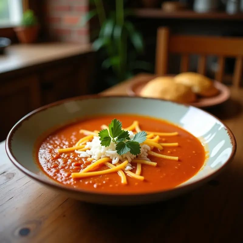 Plato hondo de barro con sopa de tortilla mexicana: caldo dorado con pollo desmenuzado, tortillas crujientes, aguacate en cubos, queso fresco y cilantro fresco. servida en mesa rústica con textura de madera.