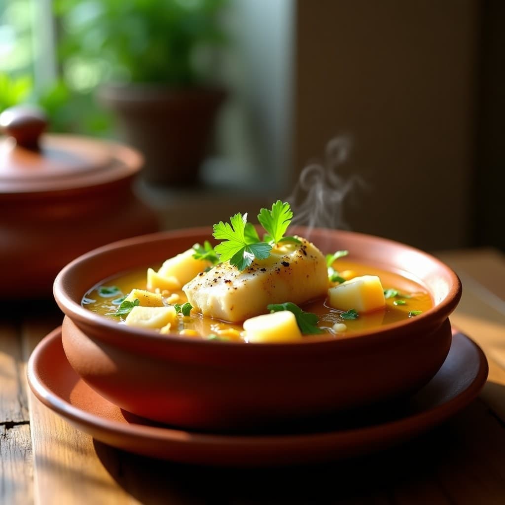 Olla lenta con sopa espesa de trompo de pescado, trozos de yuca dorada, cilantro fresco y un toque de limón, servida en un plato hondo de barro con fondo de madera rústica.