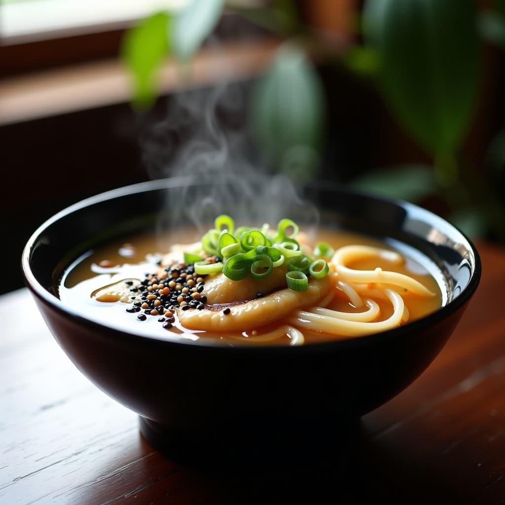 Cuenco hondo de cerámica negra con sopa de udon con champiñones maitake dorados, jengibre rallado y alga wakame, decorado con cebolla verde y semillas de sésamo negro, sobre fondo de madera oscura.