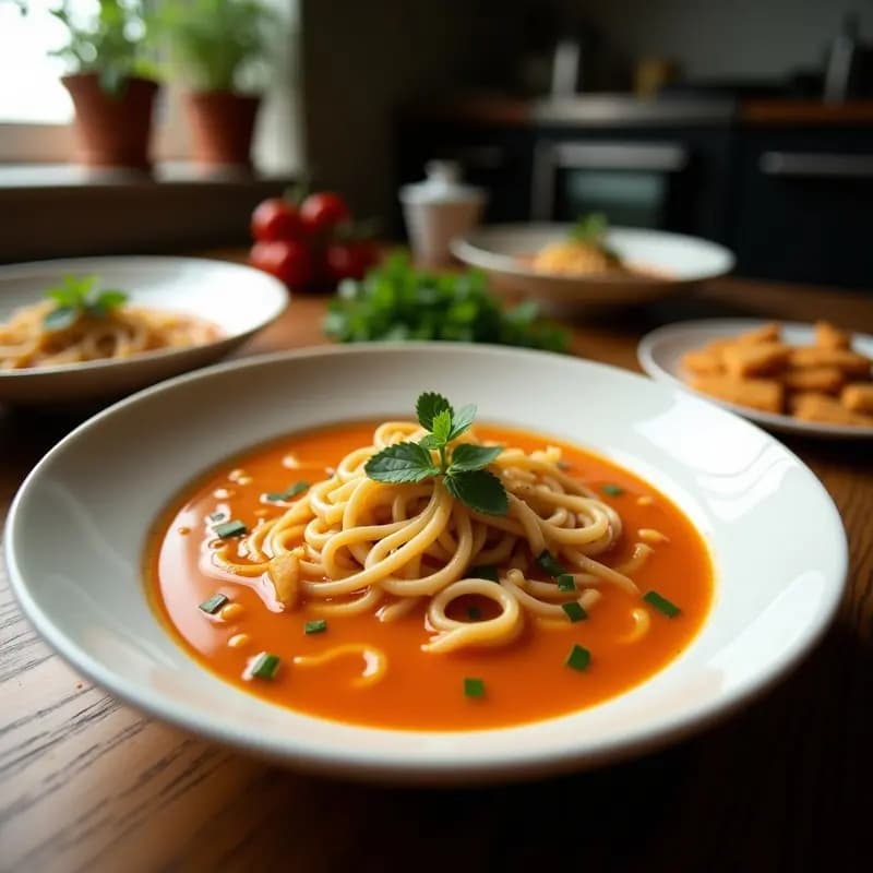 Cuenco hondo de cerámica blanca con sopa de fideos udón gruesos, hongos enoki blancos, zanahoria en juliana y cebolla morada en un caldo dorado. Decorado con cebollino fresco, semillas de sésamo y un hilo de aceite de sésamo tostado. Plato japonés depurativo sobre fondo de madera oscura.