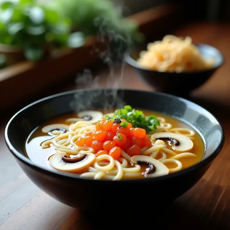 Cuenco hondo de cerámica negra con sopa de fideos udón blancuzcos, setas shiitake doradas y huevas de tobiko naranjas brillantes, decorado con cebollino verde y un hilo de aceite de sésamo, sobre fondo oscuro.