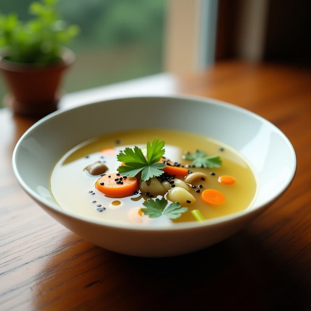 Cuenco de cerámica blanca con sopa de verduras y semillas de loto budista, decorada con semillas de sésamo negro y cilantro fresco. Al fondo, una olla exprés y champiñones shiitake. Colores vibrantes y textura cremosa.
