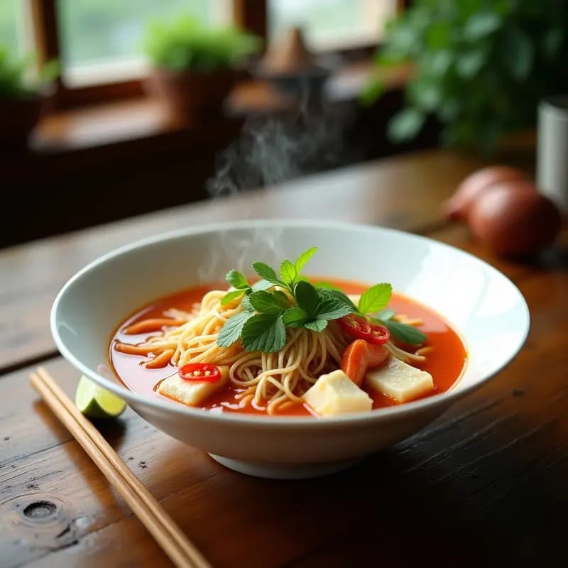 Cuenco hondo de cerámica blanca con Bun Rieu Cuá Cua, sopa vietnamita de cangrejo, fideos de arroz, huevos de codorniz, brotes de soja y hierbas frescas, servida con gajos de lima y aceite de sésamo.