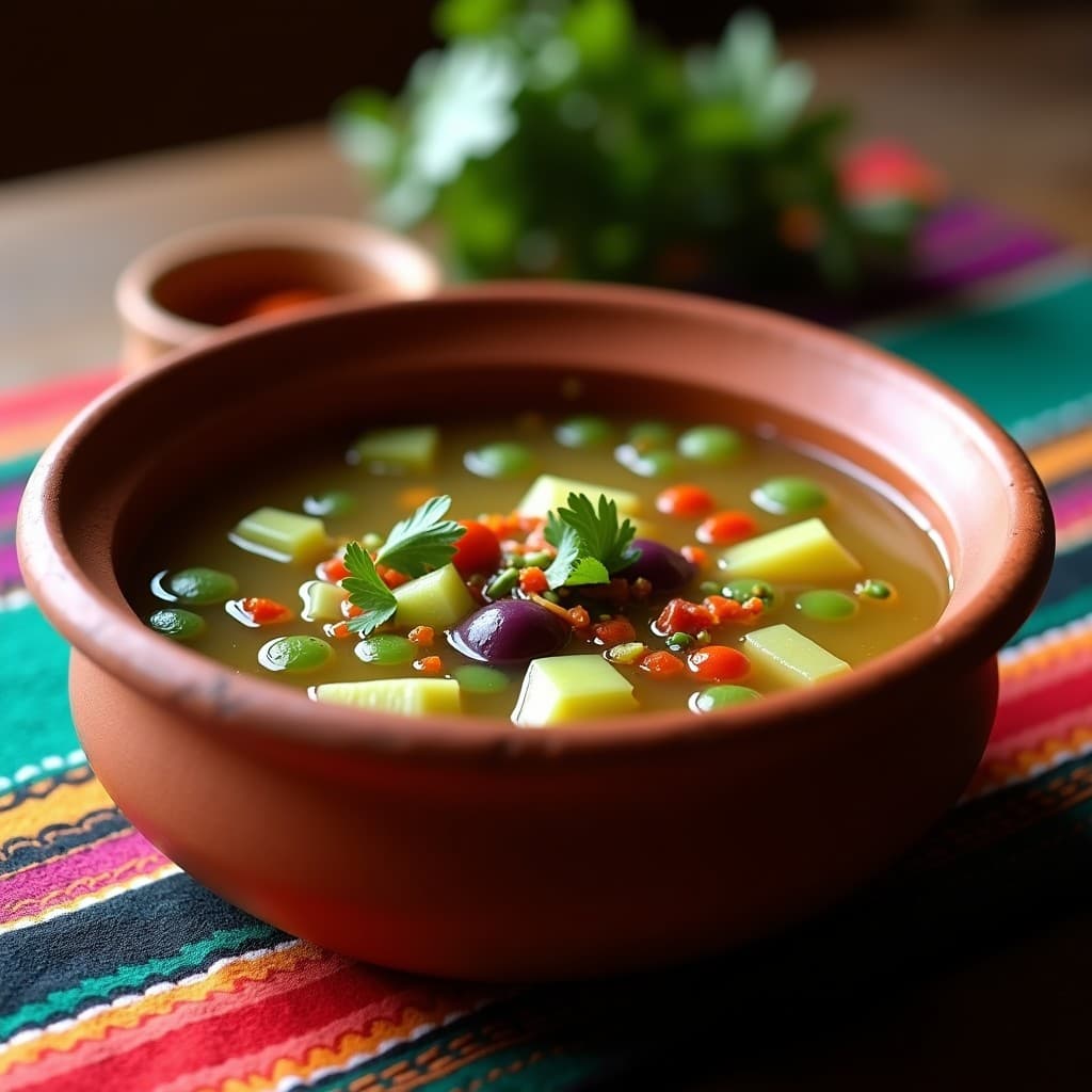 Plato hondo de barro con sopa de xoconostle y nopal con chile de árbol, mostrando trozos de nopal verde, xoconostle morado y un toque de chile rojo. Decorado con ramitas de epazote y cilantro fresco.