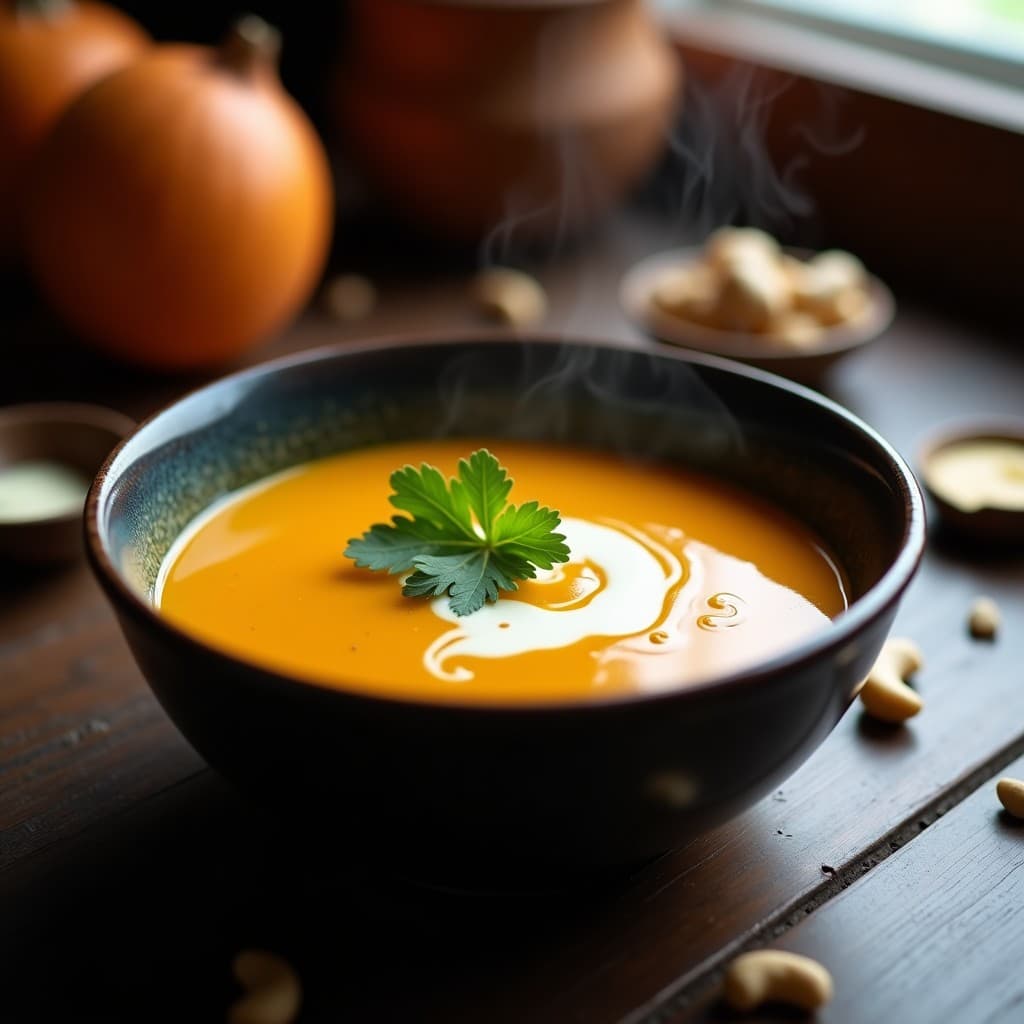 Plato hondo de cerámica negra con sopa de zapallo y jengibre vegana, coronada con un espiral de crème de anacardos y hojas de cilantro fresco. Fondo rústico con textura de madera y luz cálida que resalta el color anaranjado intenso de la sopa.