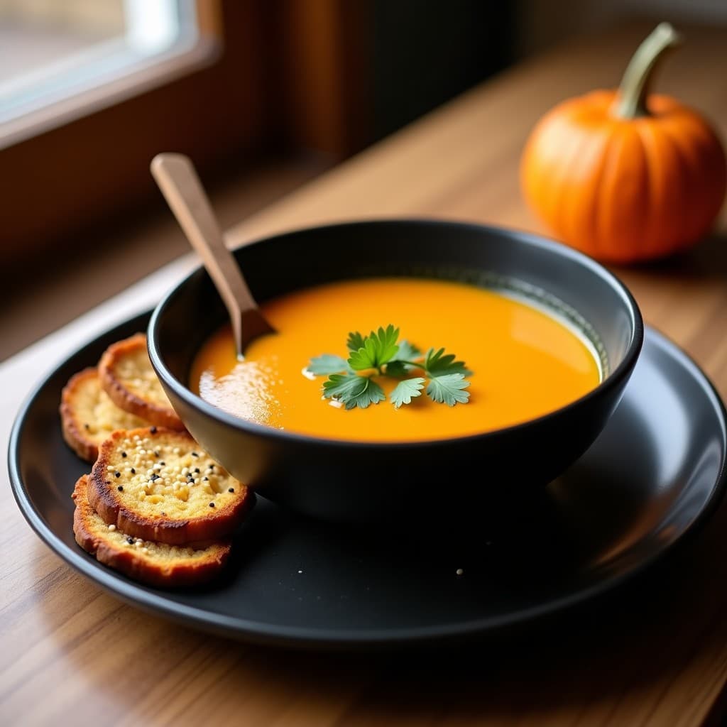 Cuenco hondo de cerámica negra con sopa de zapallo y jengibre de color naranja cremoso, decorada con cilantro fresco y acompañada de tostadas doradas de pan de centeno con semillas de sésamo. Plato tradicional chileno vegano en Thermomix.