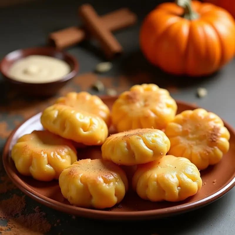 Sopapillas doradas y esponjosas de calabaza y queso ricotta keto, servidas en un plato rústico de barro con un fondo de especias. Postre colombiano sin azúcar y bajo en carbohidratos.