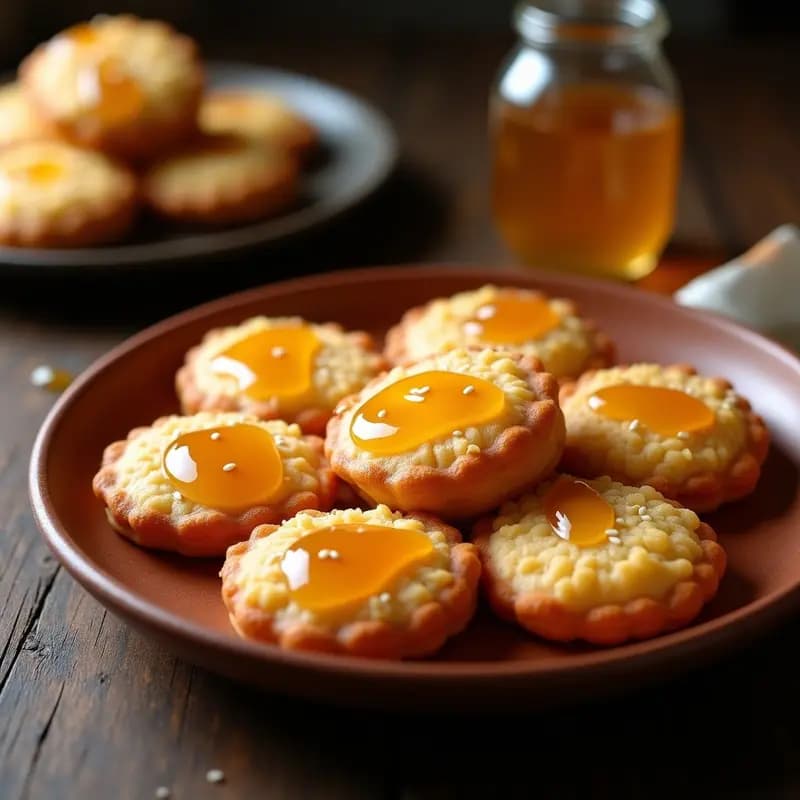 Sopapillas doradas y crujientes de harina de maíz bañadas en miel de agape brillante, espolvoreadas con semillas de sésamo, servidas en un plato de barro rústico sobre un fondo de madera oscura.