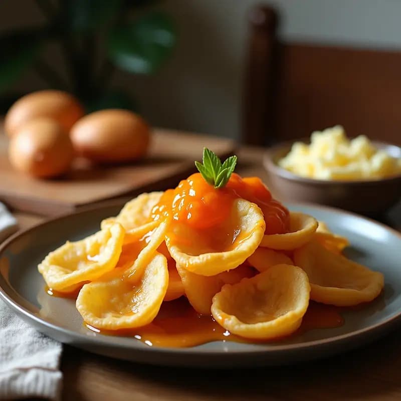 Sopapillas doradas y esponjosas rellenas de queso fresco cremoso y mermelada de higos brillante, servidas en plato blanco con higos frescos y hojas de menta.