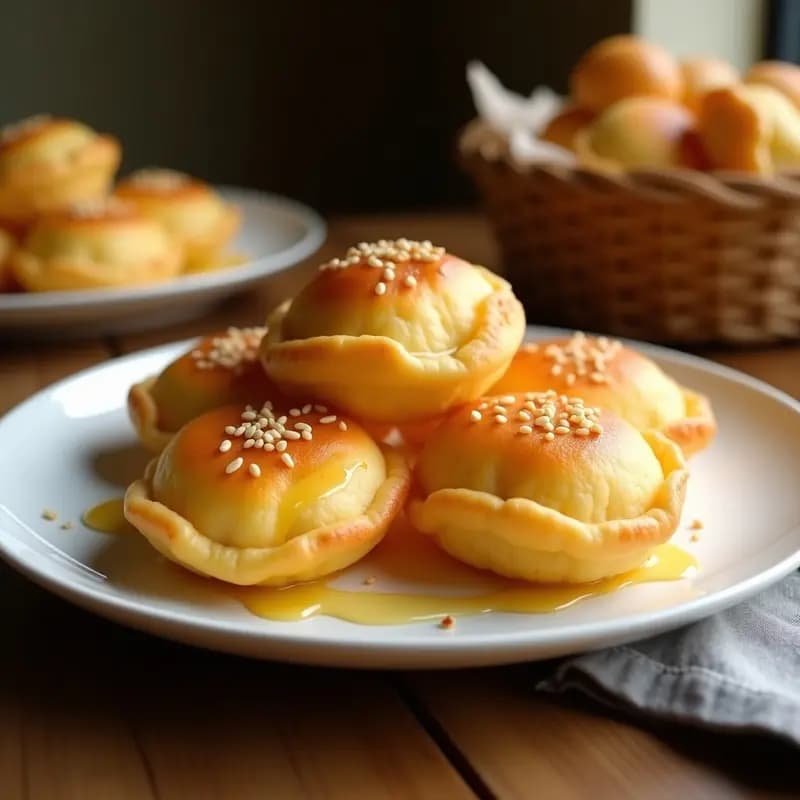 Sopapillas doradas y crujientes de yuca rellenas de queso campesino derretido, servidas en un plato de cerámica blanca con un hilo de miel y semillas de sésamo tostadas encima. Fondo borroso con elementos rústicos colombianos.