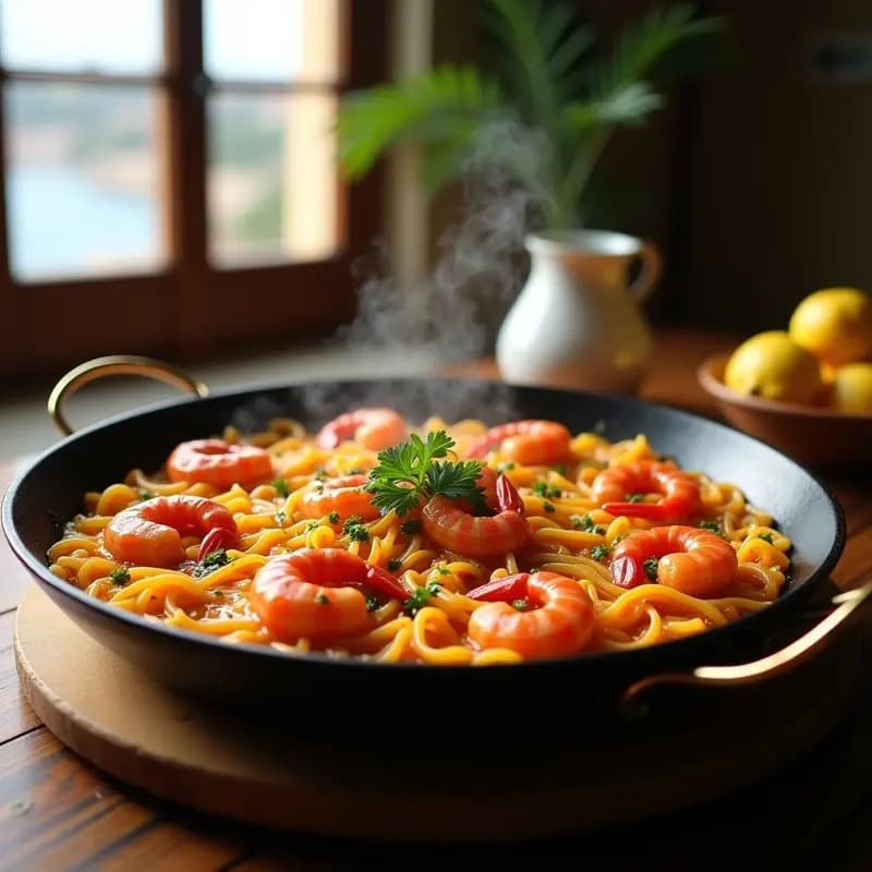 Paellera de hierro con Sopar Sec de Fideus con Gambas y Ñora, fideus dorados melosos, gambas rojas jugosas y perejil fresco, receta catalana tradicional de mar.