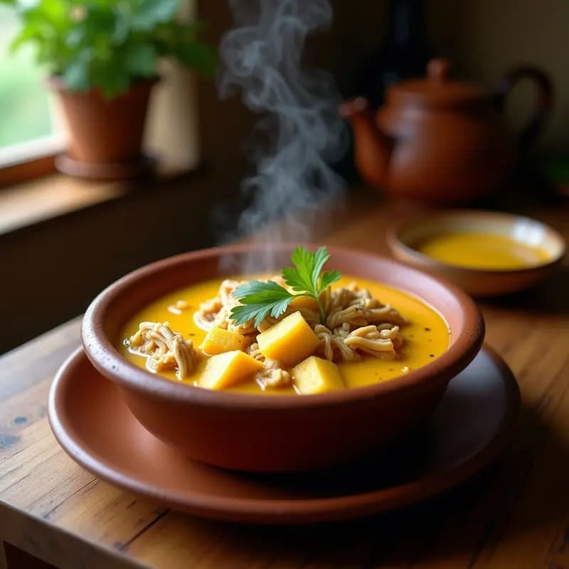 Olla de barro con sopaulo brazileño humeante, mostrando trozos de pollo desmenuzado, mandioca cremosa y queso coalho derretido, decorado con cilantro fresco en un fondo rústico de madera.