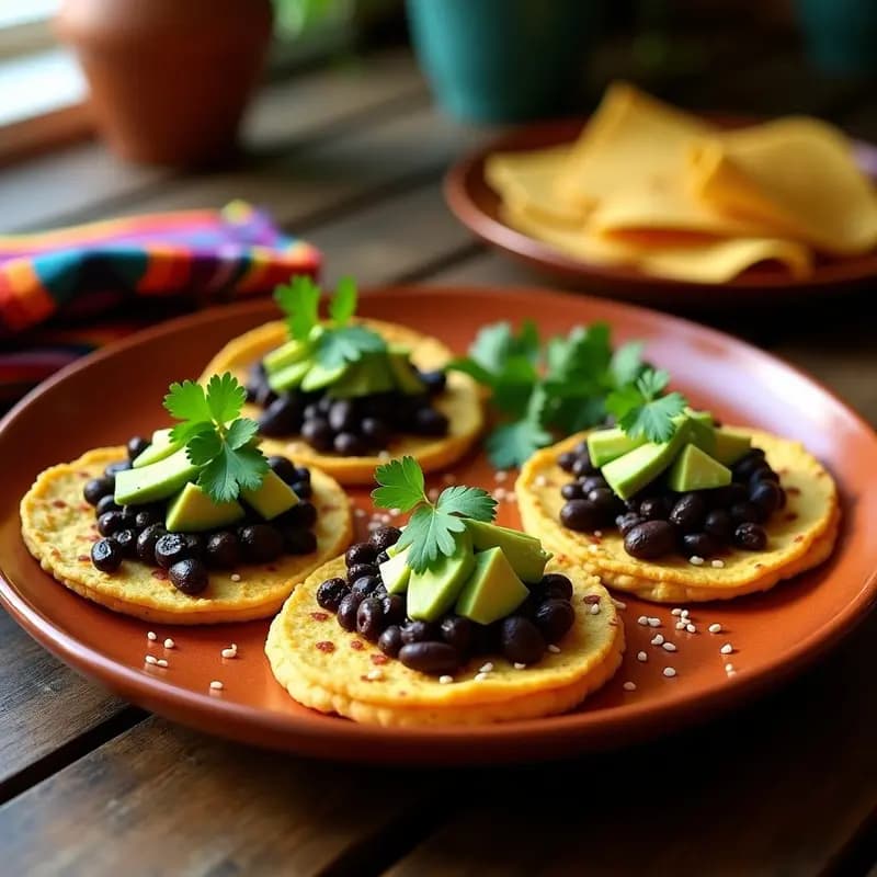Sopes dorados de amaranto rellenos de frijoles negros y nopales, decorados con aguacate, cilantro y semillas de sésamo sobre un plato de barro rústico, receta mexicana sin maíz y alta en fibra.