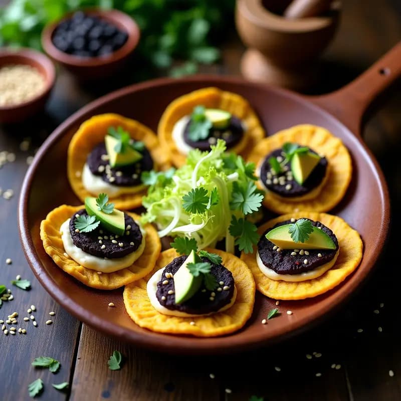Sopes de masa de maíz azul dorados en comal, rellenos de frijoles negros y huitlacoche, servidos sobre hojas de lechuga morada con crema de agave, semillas de sésamo y gajos de limón. Plato tradicional mexicano con toque gourmet.