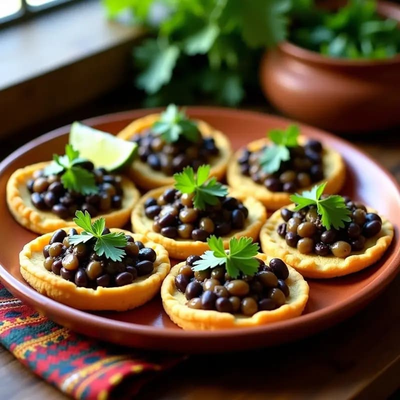 Sopes dorados y crujientes de frijol negro y nopales veganos, servidos en un plato de barro con decoración de semillas de sésamo y cilantro fresco, receta mexicana en airfryer sin freír.