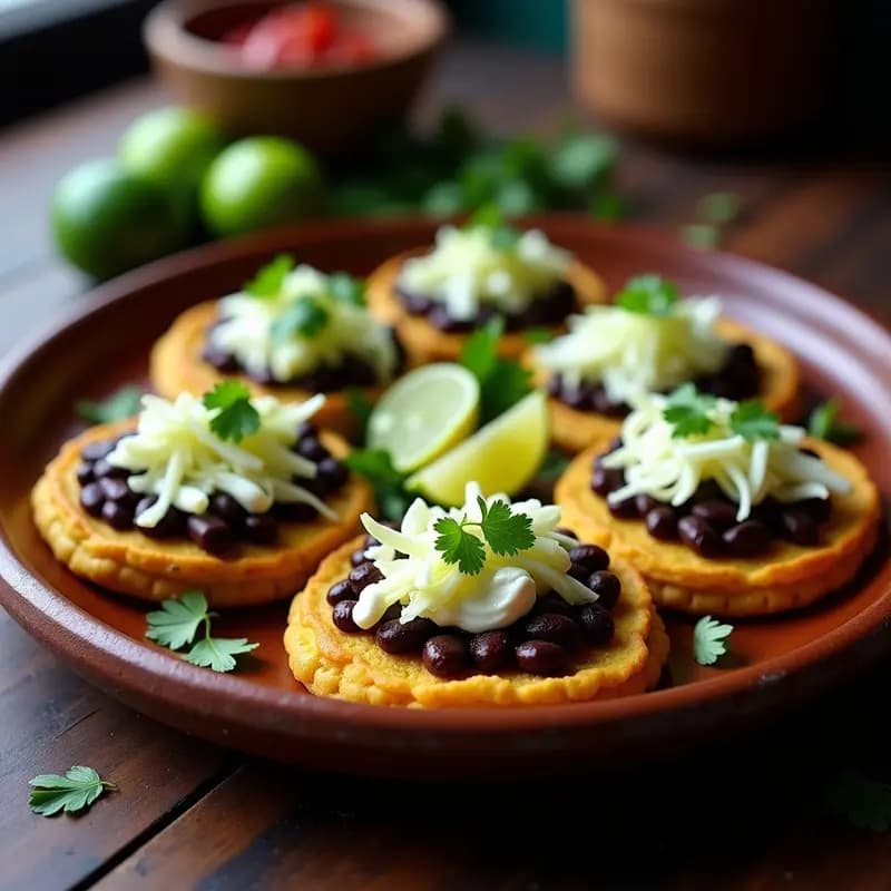 Sopes de frijol negro y queso panela recién hechos en comal, con masa dorada, rellenos de frijoles negros cremosos y cubiertos de queso panela derretido, servidos en plato de barro rústico.