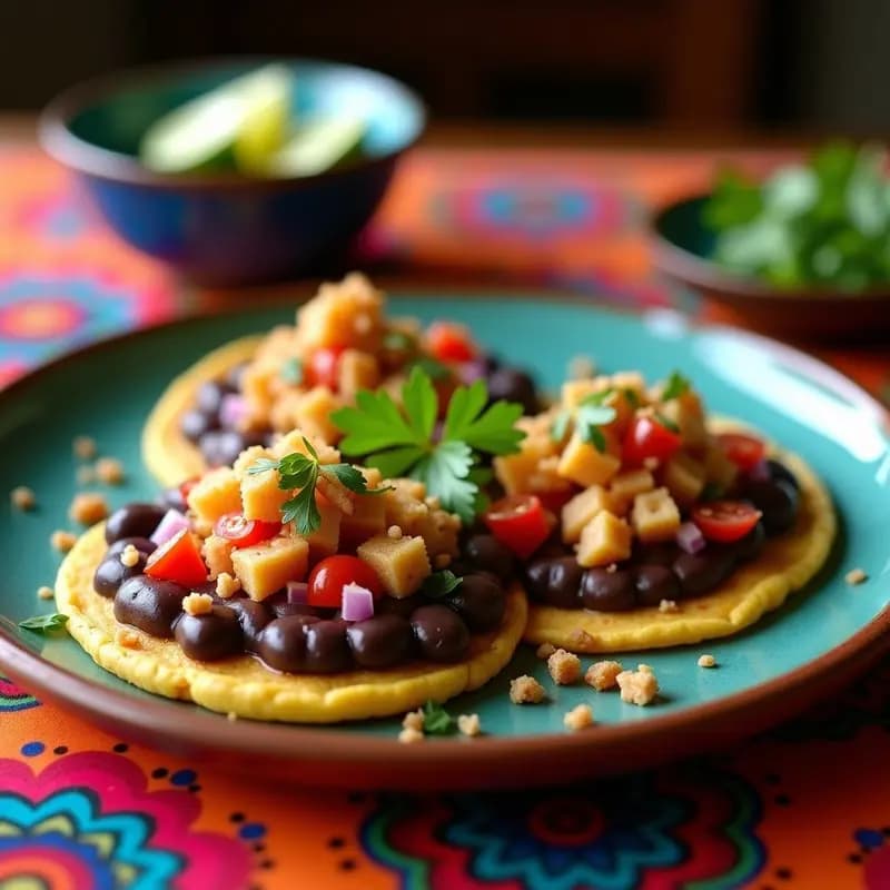 Sopes dorados de masa de maíz con relleno de frijoles negros refritos, coronados con chicharrón vegano crujiente de yuca, cebolla morada, tomate y cilantro fresco. Plato tradicional mexicano con toque moderno vegano.