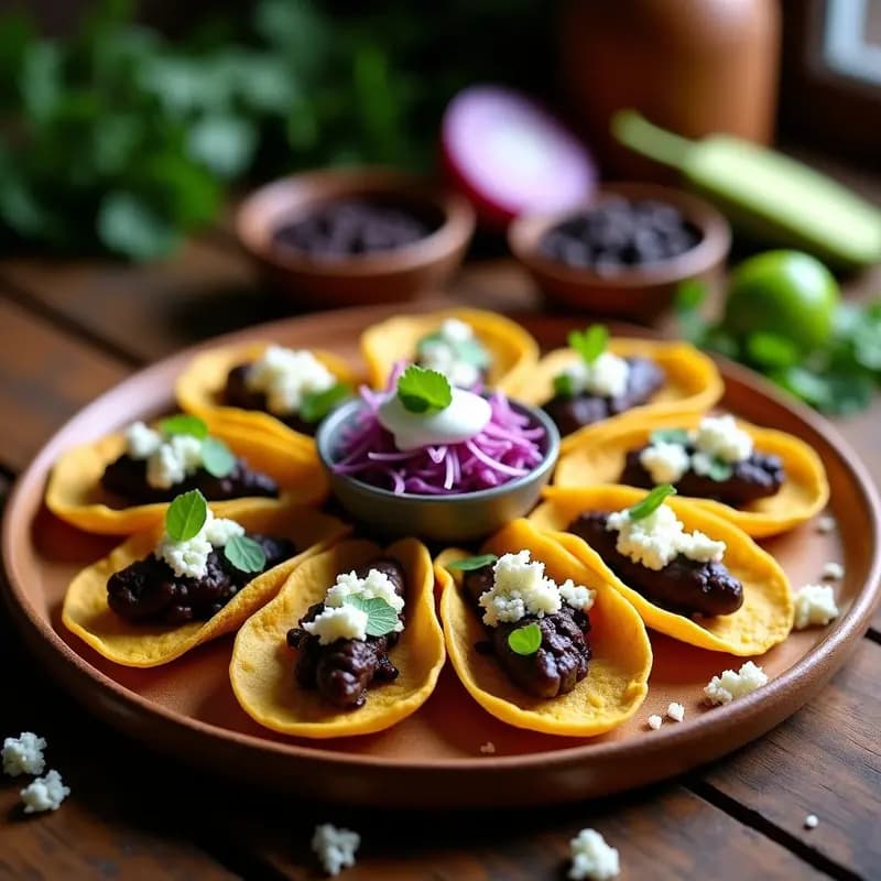 Plato de madera rústico con sopes dorados y crujientes rellenos de frijoles negros y huitlacoche, decorados con queso fresco desmenuzado, hojas de lechuga morada y un hilo de crema ácida. Fondo borroso con ingredientes frescos como epazote y cebolla morada.