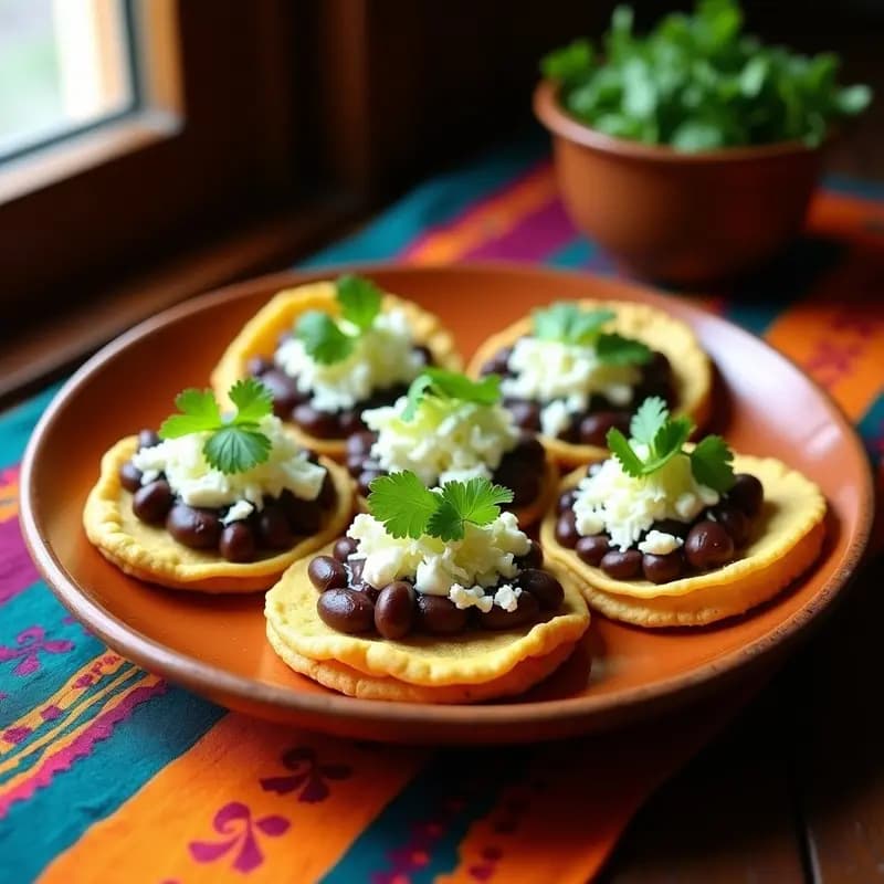 Plato de cerámica rústica con seis sopes dorados de maíz, rellenos de frijoles negros cremosos, cubiertos con queso fresco desmenuzado, lechuga picada, crema ácida y cilantro fresco. Receta tradicional mexicana de sopes de frijoles negros y queso fresco para aperitivo.