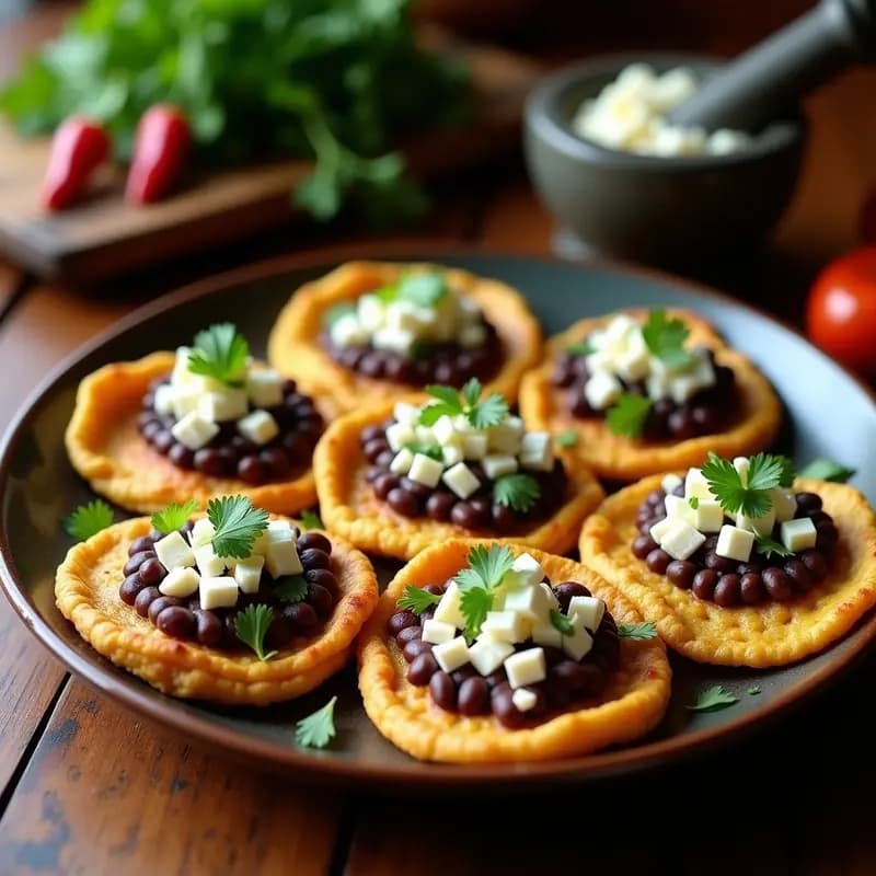 Sopes mexicanos dorados en airfryer con puré de frijoles negros, queso panela desmenuzado, lechuga romana y crema ácida, servidos en plato de barro rústico.
